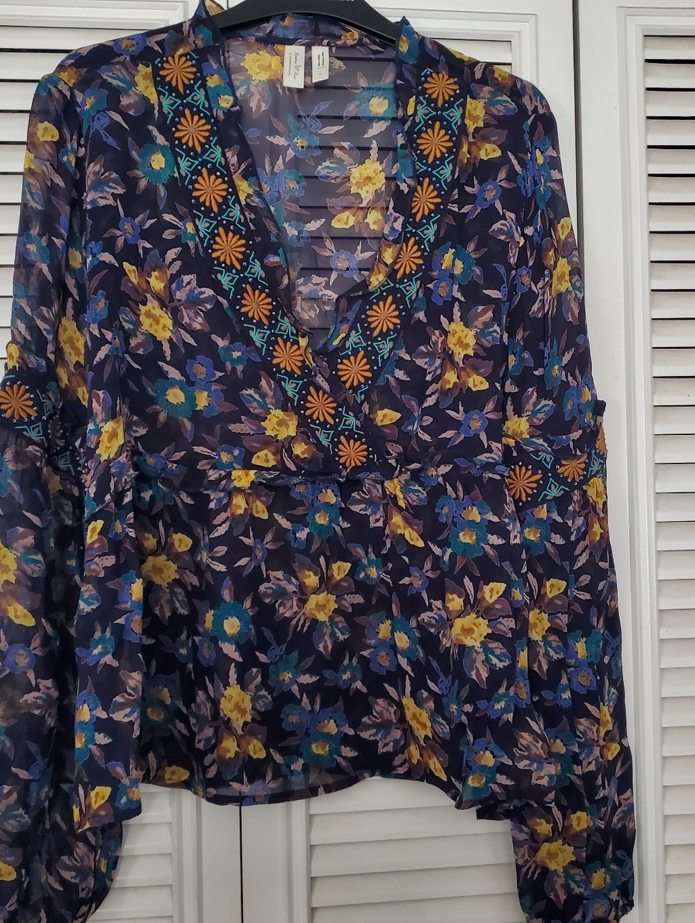 Anthropologie Navy Floral Sheer V-Neck Blouse